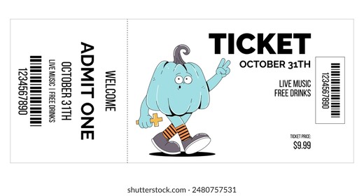 Groovy retro Happy Halloween character pumpkin. Horizontal ticket template entrance pass design or invitation for Halloween party, admit one. Horror and fear vector illustration in trendy vintage