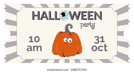 Groovy retro Happy Halloween character pumpkin. Horizontal ticket template entrance pass design or invitation for Halloween party, admit one. Horror and fear vector illustration in trendy vintage