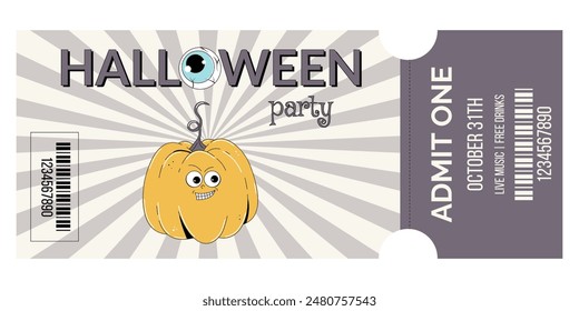 Calabaza de personaje de Halloween feliz. Diseño Horizontal de pases de entrada de Plantilla de boletos o invitación para la fiesta de Halloween, admita uno. Horror y miedo Ilustración vectorial en la vendimia de moda