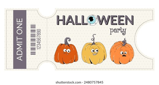 Groovy retro Happy Halloween character pumpkin. Horizontal ticket template entrance pass design or invitation for Halloween party, admit one. Horror and fear vector illustration in trendy vintage