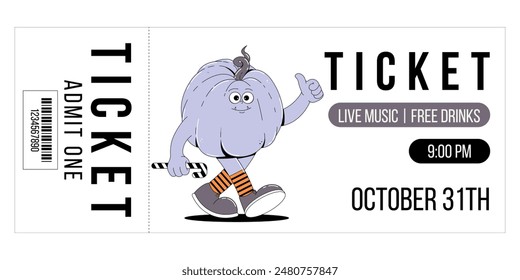 Groovy retro Happy Halloween character pumpkin. Horizontal ticket template entrance pass design or invitation for Halloween party, admit one. Horror and fear vector illustration in trendy vintage