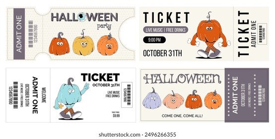 Groovy retro Feliz personaje de Halloween calabaza. Conjunto de diseño Horizontal de pase de entrada de Plantilla de boletos o invitación para fiesta de Halloween, admita uno. Horror y miedo Ilustración vectorial