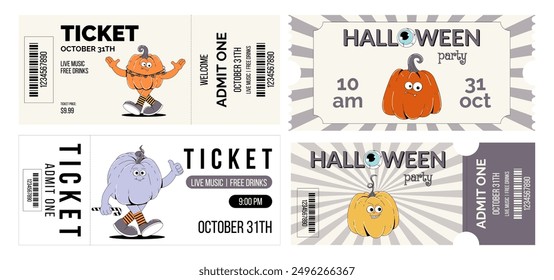 Groovy retro Feliz personaje de Halloween calabaza. Conjunto de diseño Horizontal de pase de entrada de Plantilla de boletos o invitación para fiesta de Halloween, admita uno. Horror y miedo Ilustración vectorial