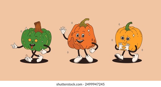 Groovy retro Happy Halloween character. Funky orange pumpkin with happy face in trendy vintage 50s, 60s, 70s style. Cute cartoon vector illustration on background