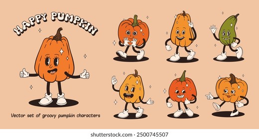 Groovy retro Happy Halloween character. Funky orange pumpkin with happy face in trendy vintage 50s, 60s, 70s style. Cute cartoon vector illustration on background