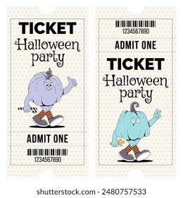 Groovy retro Happy Halloween characters pumpkins. Set vertical ticket template entrance pass design or invitation for Halloween party, admit one. Horror and fear vector illustration in trendy vintage