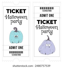 Groovy retro Happy Halloween characters pumpkins. Set vertical ticket template entrance pass design or invitation for Halloween party, admit one. Horror and fear vector illustration in trendy vintage
