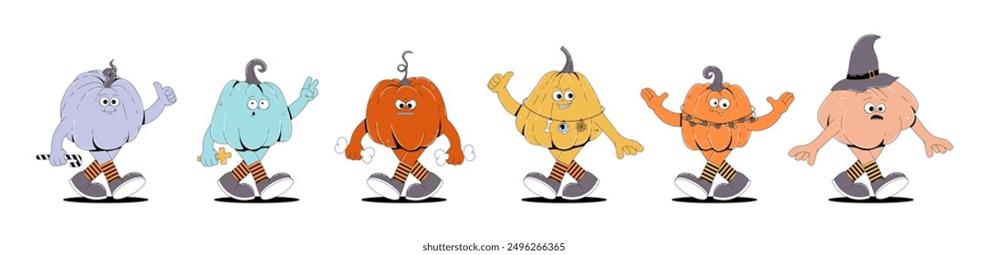 Conjunto de personajes retro Groovy Happy Halloween. Calabazas de caminar funky con cara espeluznante y skary en estilo vintage de moda de los años 60 y 70. Horror y miedo Ilustración vectorial sobre fondo transparente