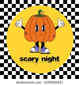 Groovy retro happy halloween. Cute pumpkin and lettering Scary Night. Vector greeting template, poster, print, party invitation and background. Funky card of comic character.