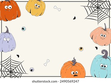 Fondo Horizontal de Halloween feliz retro Groovy con espacio vacío. Funky calabazas de carácter colorido con cara espeluznante y skary. Horror y miedo Ilustración vectorial 