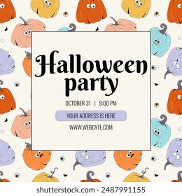 Groovy retro Happy Halloween invitation for party or festival. Funky colorful character pumpkin with spooky and skary face. Vector illustration template.