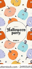 Groovy retro Happy Halloween invitation for party or festival. Funky colorful character pumpkin with spooky and skary face. Vector illustration template.