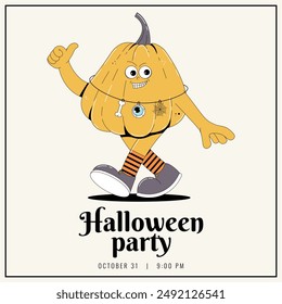 Groovy retro Happy Halloween invitation for party or festival. Funky yellow character pumpkin with spooky and skary face. Vector illustration template.