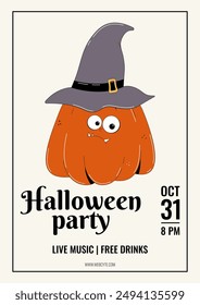 Groovy retro Happy Halloween invitation for party or festival. Funky red character pumpkin in a hat. Vector illustration template.