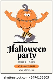 Groovy retro Happy Halloween invitation for party. Funky walking orange character pumpkin with spooky and skary face. Vector illustration template.