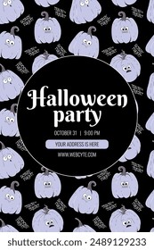 Groovy retro Happy Halloween poster, invitation for party, festival. Funky violet character pumpkin with spooky and skary face. Vector illustration on black background.