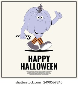 Bonito póster retro de Feliz Halloween. Funky calabaza de carácter andante con cara espeluznante y skary en estilo vintage de moda. Horror y miedo Ilustración vectorial 