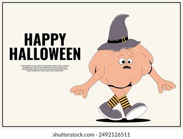 Bonito póster retro de Feliz Halloween. Calabaza de carácter funky caminando en un sombrero con cara espeluznante y skary. Horror y miedo Ilustración vectorial 