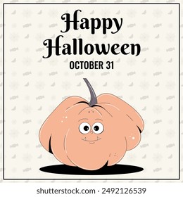 Bonito póster retro de Feliz Halloween. Funky calabaza de carácter rosa con cara espeluznante y skary en estilo vintage de moda. Horror y miedo Ilustración vectorial 