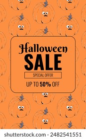 Groovy retro Happy Halloween sale background layout for banners, wallpaper, flyers, invitation, posters, brochure, voucher discount. Funky orange character pumpkin. Vector illustration template.
