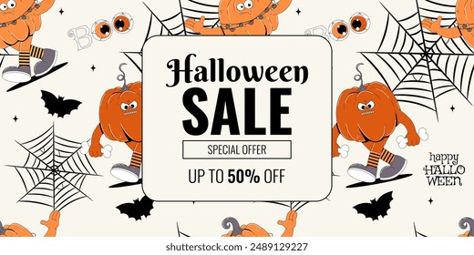 Groovy retro Happy Halloween sale background layout for banners, wallpaper, flyers, invitation, posters, brochure, voucher discount. Funky walking character pumpkins. Vector template