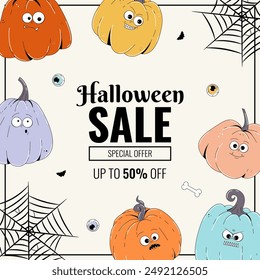 Groovy retro Happy Halloween sale background layout for banners, wallpaper, flyers, invitation, posters, brochure, voucher discount. Funky colorful character pumpkins. Vector template