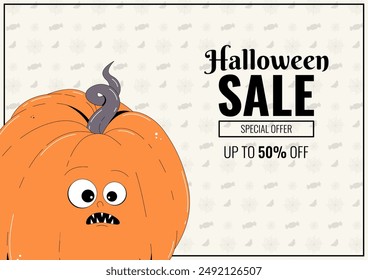 Diseño de fondo de venta de Halloween feliz retro Groovy para Anuncios, Fondo de pantalla, volantes, invitación, carteles, descuento de cupones. Funky calabaza de carácter naranja. Vector Plantilla.