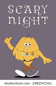 Groovy retro Happy Halloween, Scary night poster. Funky walking character pumpkin with spooky and skary face in trendy vintage style. Horror and fear vector illustration