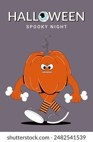 Groovy retro Happy Halloween, Spooky night poster. Funky walking character pumpkin with spooky and skary face in trendy vintage style. Horror and fear vector illustration