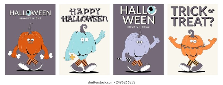 Groovy retro Happy Halloween, Spooky night, Trick or treat posters set. Funky walking characters pumpkin with spooky and skary face. Vector illustration