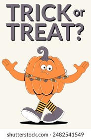 Groovy retro Happy Halloween, Trick or treat poster. Funky walking character pumpkin with spooky and skary face in trendy vintage style. Horror and fear vector illustration