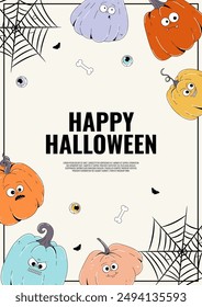 Afiche de la Vertical de Halloween. Funky calabazas de carácter colorido con cara espeluznante y skary. Horror y miedo Ilustración vectorial 