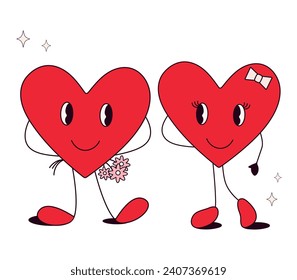 Groovy Retro happy Valentines day in trendy retro 70s cartoon style.Groovy lovely heart in trendy retro 60s cartoon style.Happy Valentines Day.Funky 