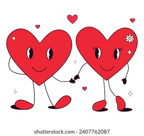 Groovy Retro happy Valentines day in trendy retro 70s cartoon style.Groovy lovely heart in trendy retro 60s cartoon style.Happy Valentines Day.Funky h