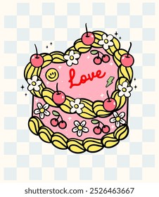 Groovy Retro Heart Cake rosa Doodle Pastel Bold Line idea de diseño festivo para tarjeta de felicitación