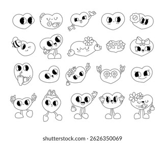 Groovy retro heart cartoon characters for valentine cards with flowers, glasses, bows, emotions, smiles, coffee, dancing, gestures and love