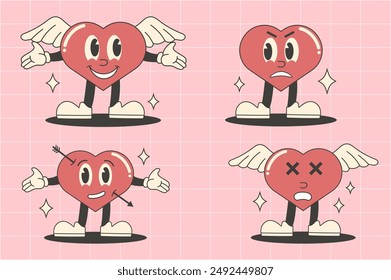 Groovy retro heart character set. With or without wings, arms, grid background. Different face expressions.Valentine’s vector stickers, patches.