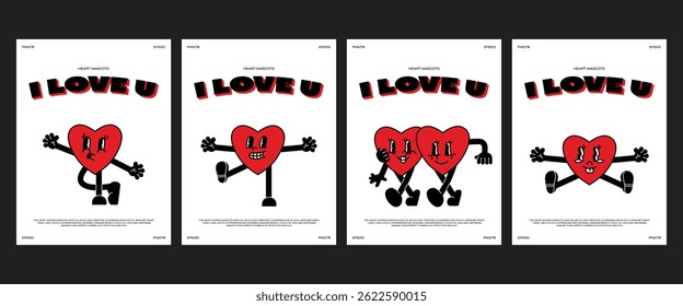 Groovy Retro Heart Mascots poster Set. Sweet Hearts mascot characters in cartoon style with gloved hands. Red  bright groovy vector posters in retro 90s style. Heart Mascots Collection