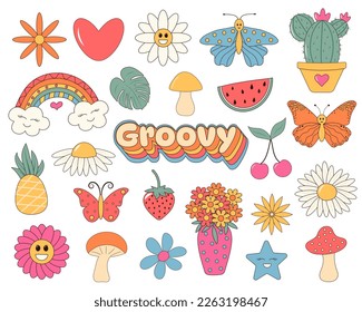 Groovy retro hippie 70s sticker set. Funny stickers or badges in trendy psychedelic cartoon style. Daisy flowers, mushrooms, rainbow, butterflies, heart and other hippie icons. 