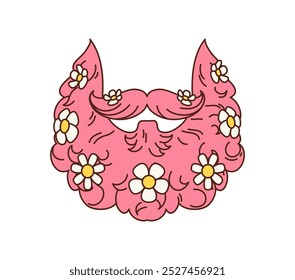 Groovy retro hippie beard with daisy flowers, vector cartoon or 70s funky art. Groovy pink beard with mustaches and daisy flowers for mask or avatar effect for glamor disco pop or hippie style sticker