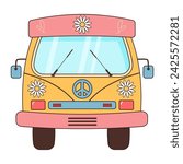 Groovy retro hippie bus with daisies. Vintage truck. Love, peace, travel, adventure, hippie culture concept.