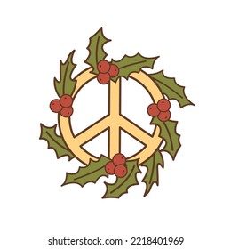 Groovy retro hippie Christmas. Peace sign with xmas winter red berry bow wreath. Concept of 60s 70s inspired trendy sticker or vector element isolated on white background.