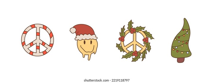 Groovy retro hippie Christmas set. Trippy xmas tree, peace sign, smile face with santa hat, hippie symbol with mistletoe. 60s 70s inspired trendy collection of isolated stickers and vector elements.