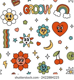 Groovy retro hippie elements seamless pattern. Cartoon rainbow, flower, daisy with cute funny faces characters background. Vector illustration