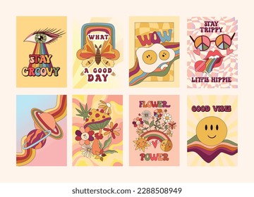 Groovy retro hippie posters or cards, 70s nostalgia and positive vibes, stylised mushroom and flowers, rainbow and lettering, vector trippy placard or t shirt print template bundle