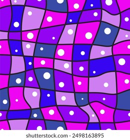 Groovy retro hippie seamless pattern checkerboard for print design. Vintage background. Blue and violet colors. Black wavy lines. White dots or circles.