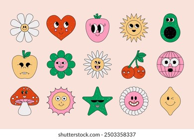 Groovy retro hippie set. Cartoon funny characters flowers, love heart, daisy, mushroom, fruits shape. Sticker pack in trendy 70s psychedelic style. Vector collection.