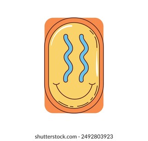 Groovy retro hippie smile emoji with psychedelic melted eyes, vector cartoon 70s symbol. Happy groovy smile emoticon badge in 70s retro hippie art for love and peace, positive vibes and freaky emotion