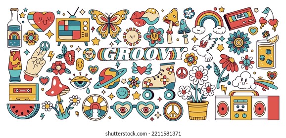 Groovy retro hippie stickers, flowers, rainbows and mushrooms. Cartoon psychedelic hippie badges flat vector symbols illustration set. Funny retro stickers bundle