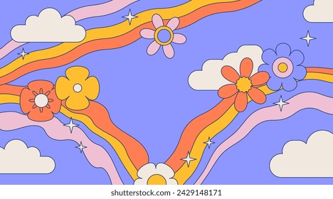 Groovy retro hippie styled social media banner template for summer promotion or seasonal sale with vintage colored natural graphic composition with rainbows and flowers. Vector linear illustration